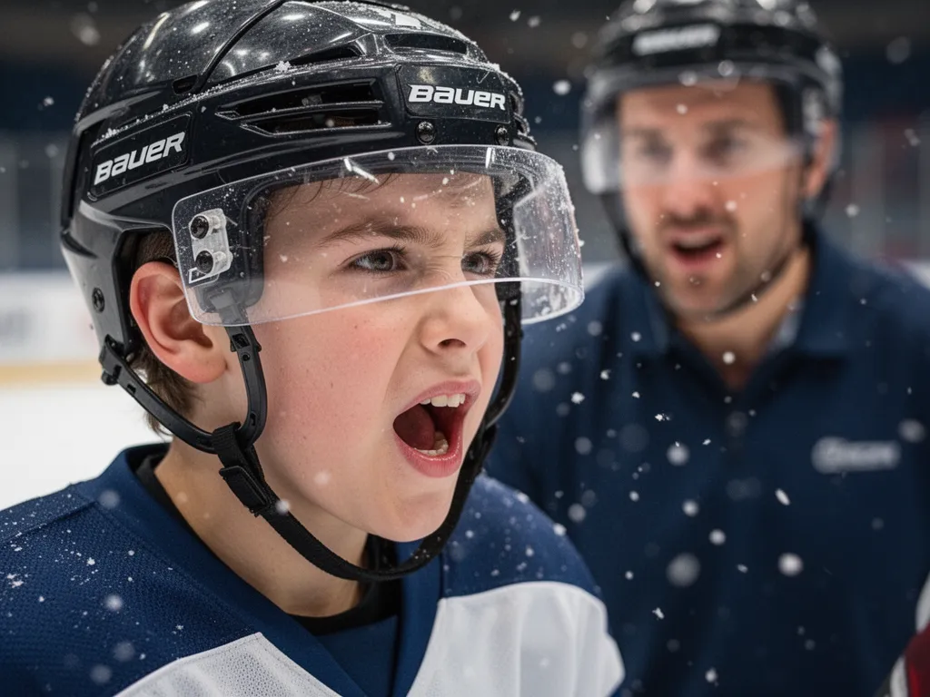 Young hockey player's determined expression during game with coach visible in blurred background