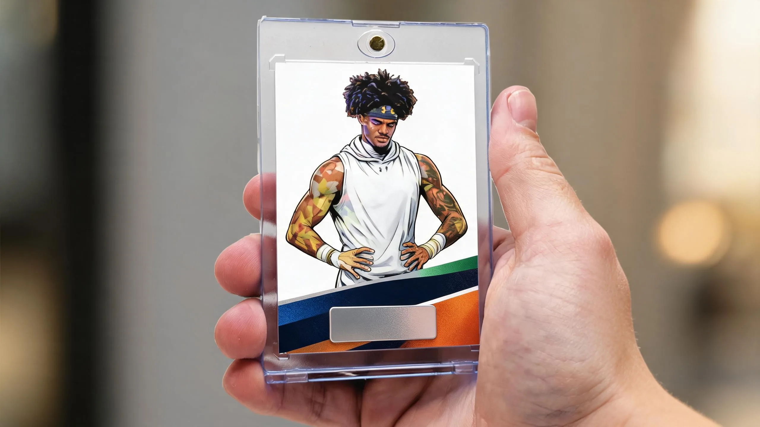 Create your own player card in a magnetic case, athlete on a diagonal metallic band design.