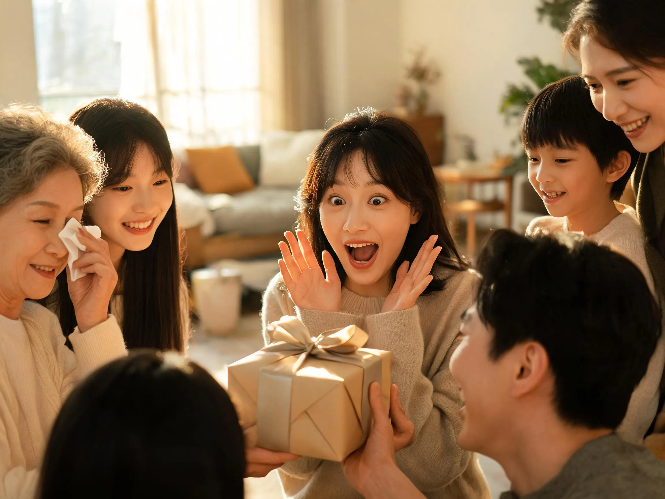 Family member reacts with genuine surprise and joy while receiving an unexpected gift.