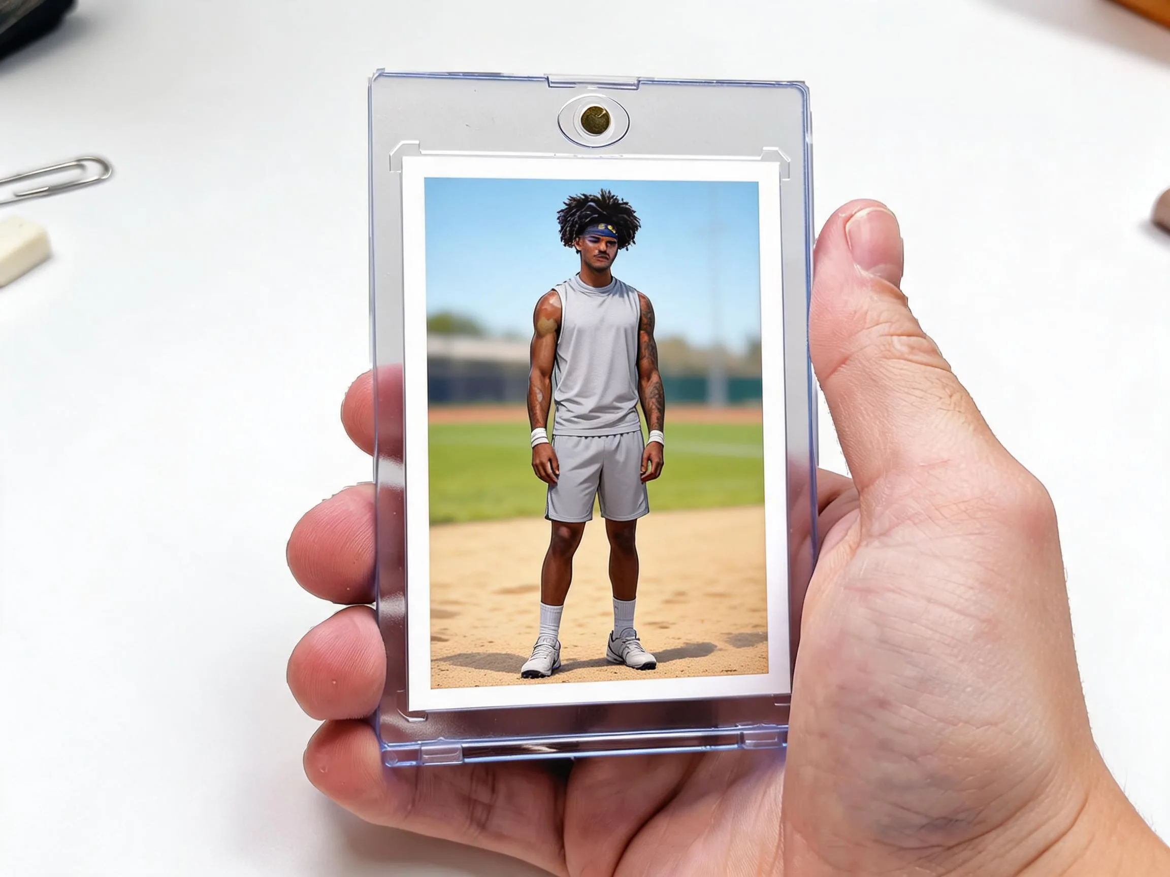 Custom keepsake trading card in magnetic case, athlete on sunlit outdoor card design.