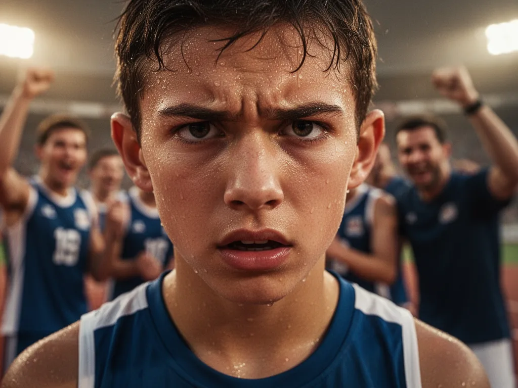 Young athlete's focused expression during competition with supportive teammates visible in soft background.