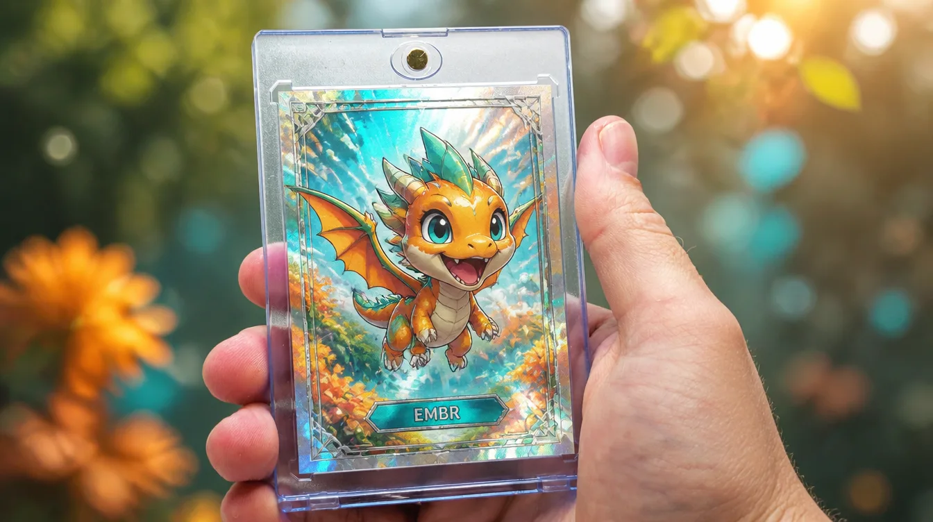 Create your own Pokemon-style card shown in a one-touch magnetic display case