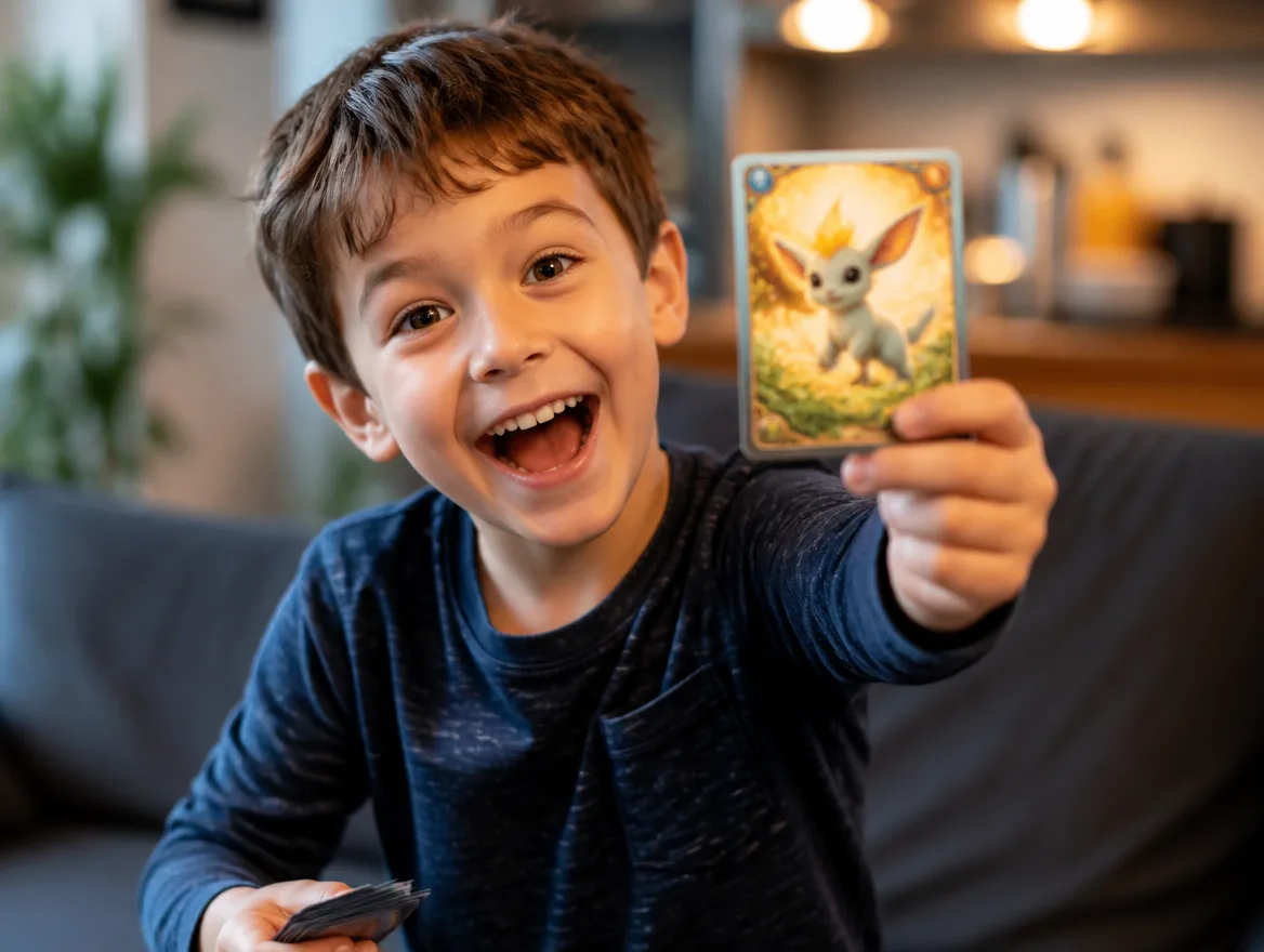 Excited kid holding up a glowing custom creature trading card