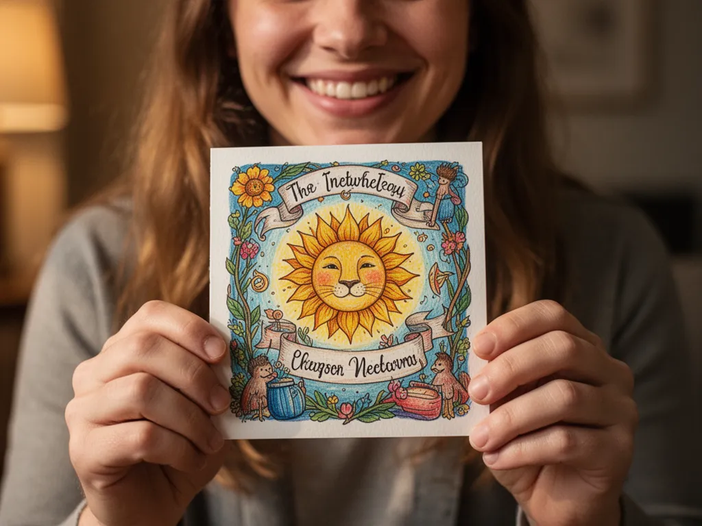 [Child's hands proudly displaying their finished custom-designed sports card creation]