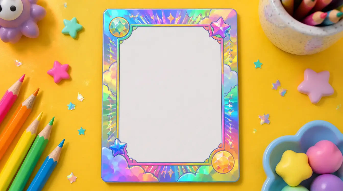 A blank trading card with a colorful holographic border beside colored pencils