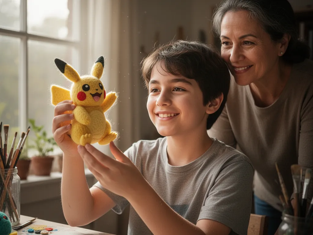[Young artist proudly displaying their handmade Pokemon creation while parent watches approvingly nearby]