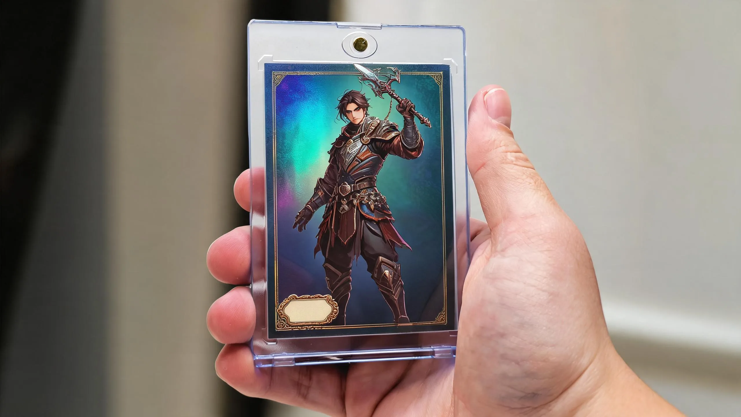 Hand holding a magnetic case with a custom holographic create your own pokémon card design.