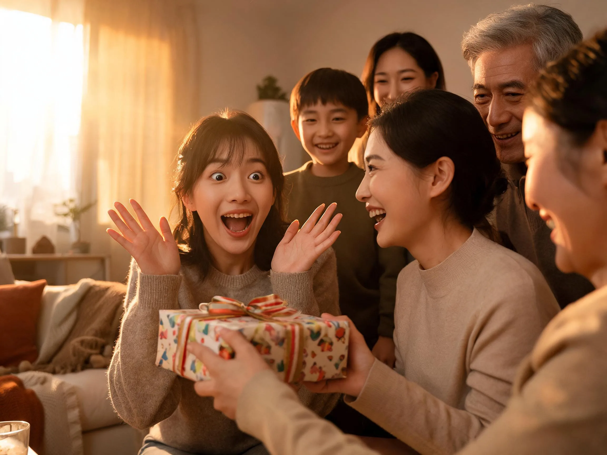 Person genuinely surprised receiving an unexpected gift in warm natural light.
