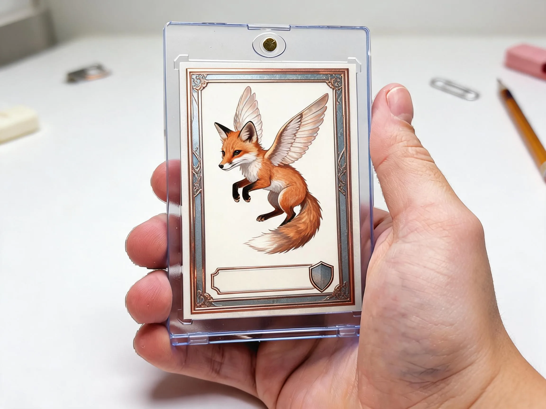 Custom keepsake trading card in a clear magnetic case on white tabletop.