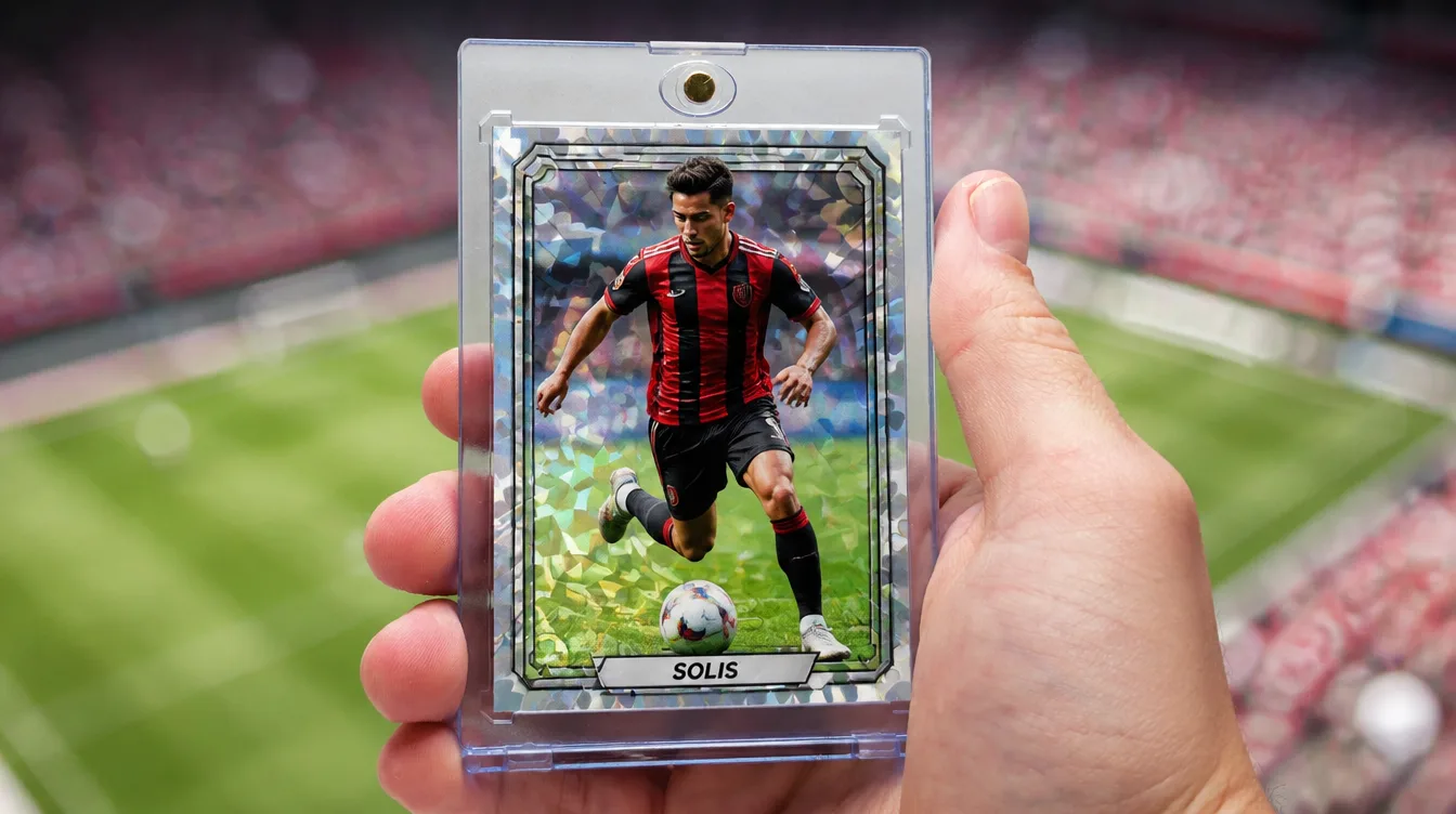 Create your own soccer card shown in a one-touch magnetic display case