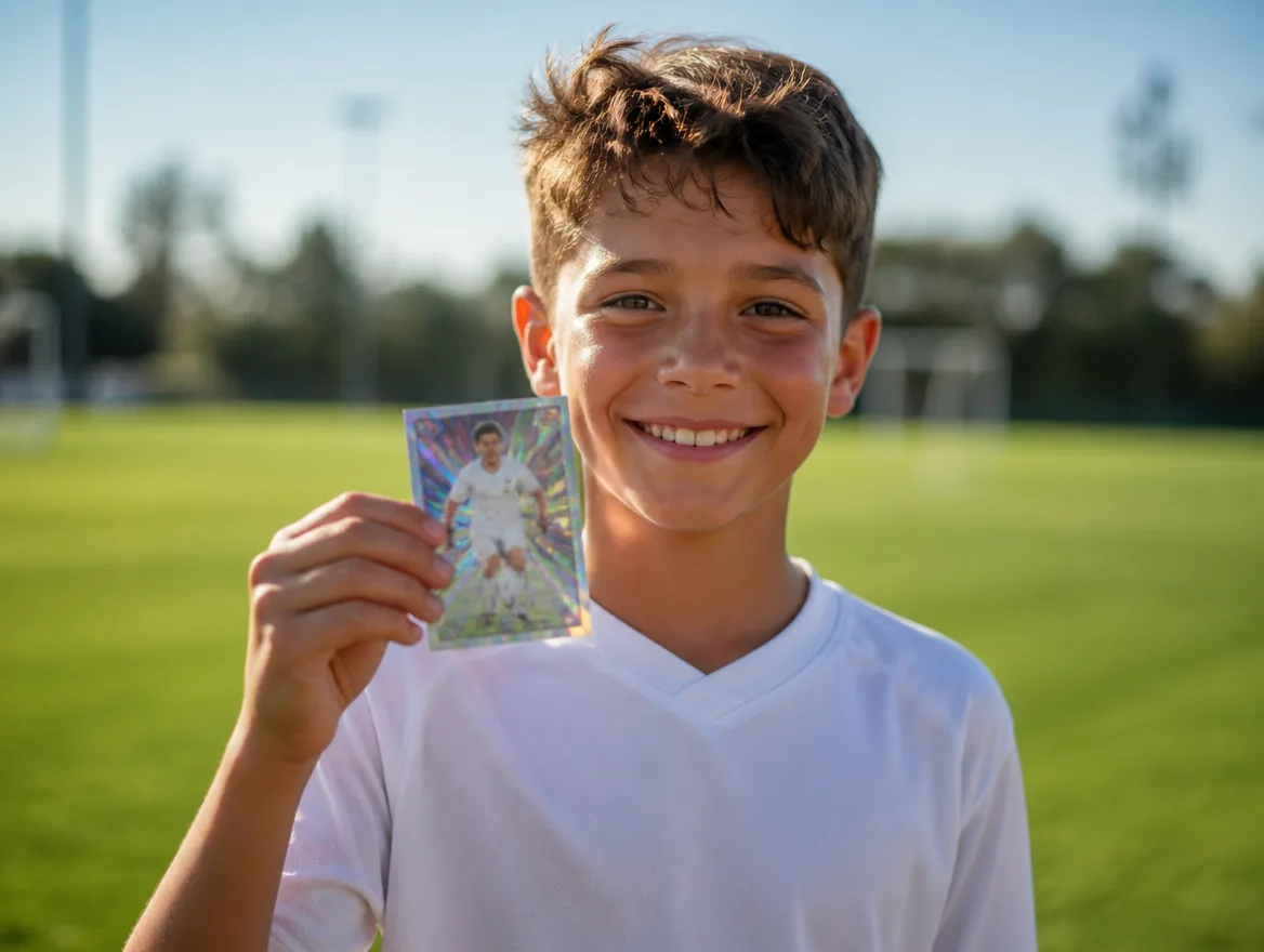 Young soccer player holding up a custom trading card on the pitch