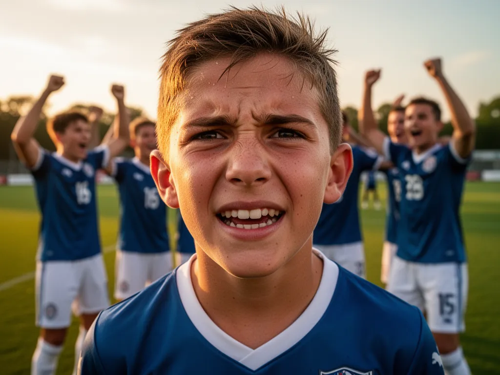 Young athlete's joyful expression celebrating goal with teammates cheering behind