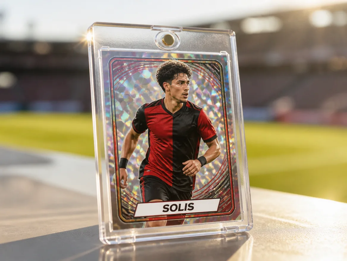 Custom soccer trading card displayed in a clear magnetic case