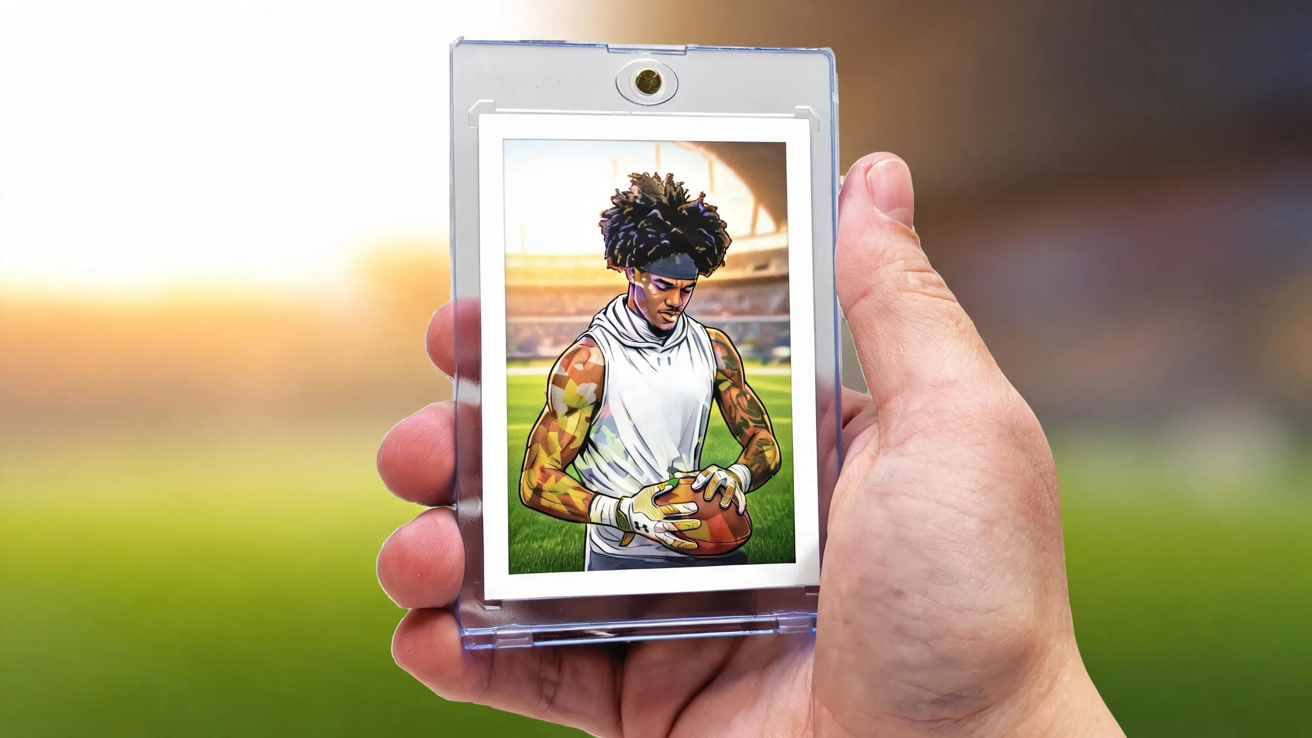 Hand holds magnetic case with custom athlete card — create your own sports card free today.