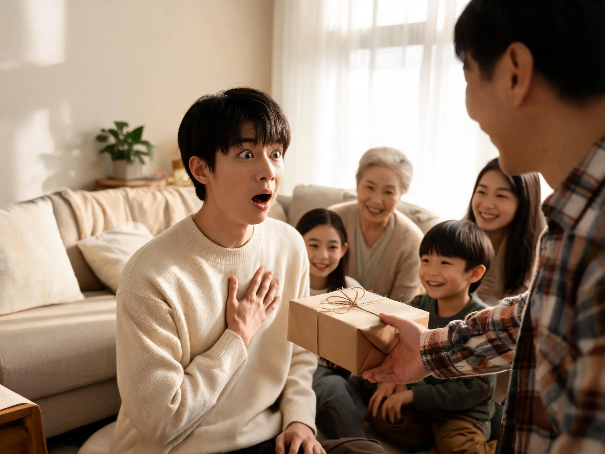Person reacting with genuine surprise to an unexpected gift in warm home light.