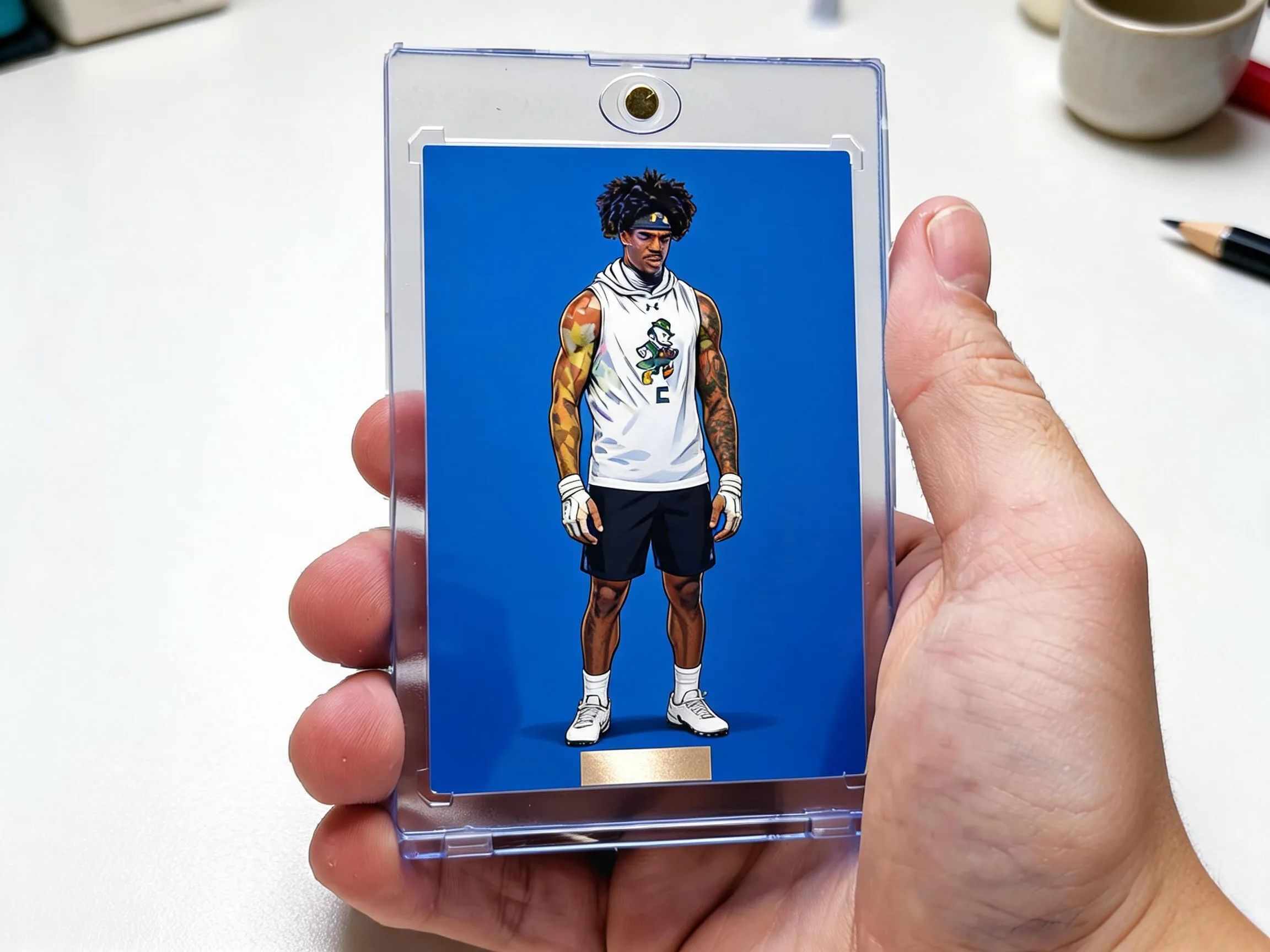 Custom keepsake trading card in a clear magnetic case on white tabletop.