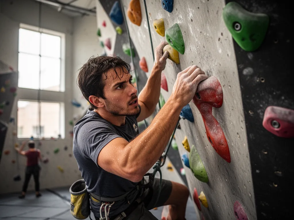 Rock climber scaling wall with focused expression showing athletic determination and skill