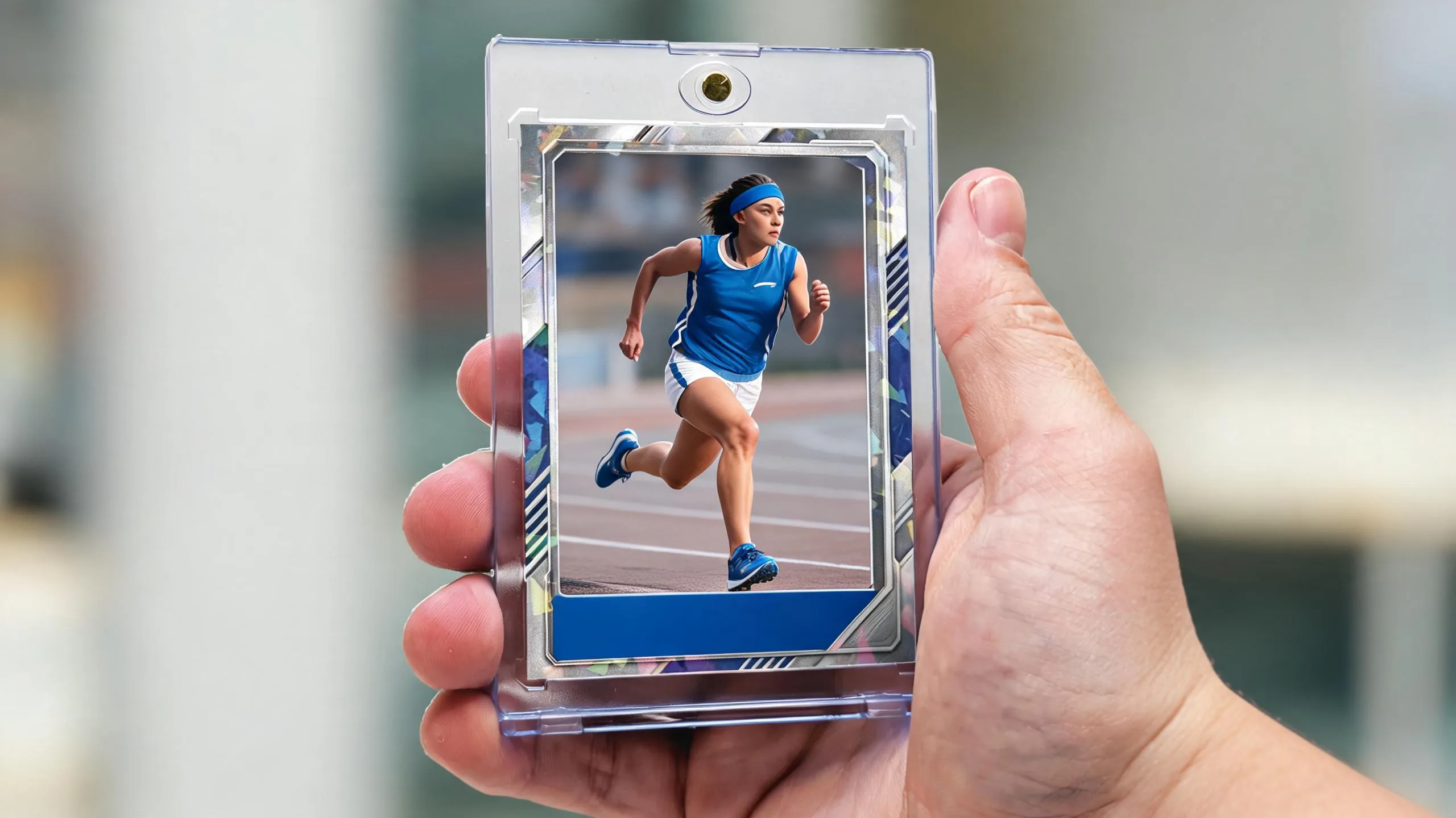 Hand holding a magnetic case with a custom sports trading card you can create yourself.