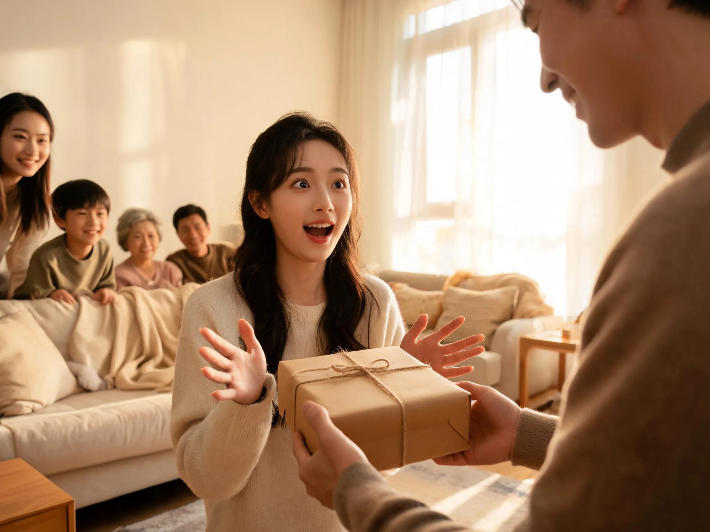 Family member reacting with genuine surprise while receiving an unexpected wrapped gift indoors.