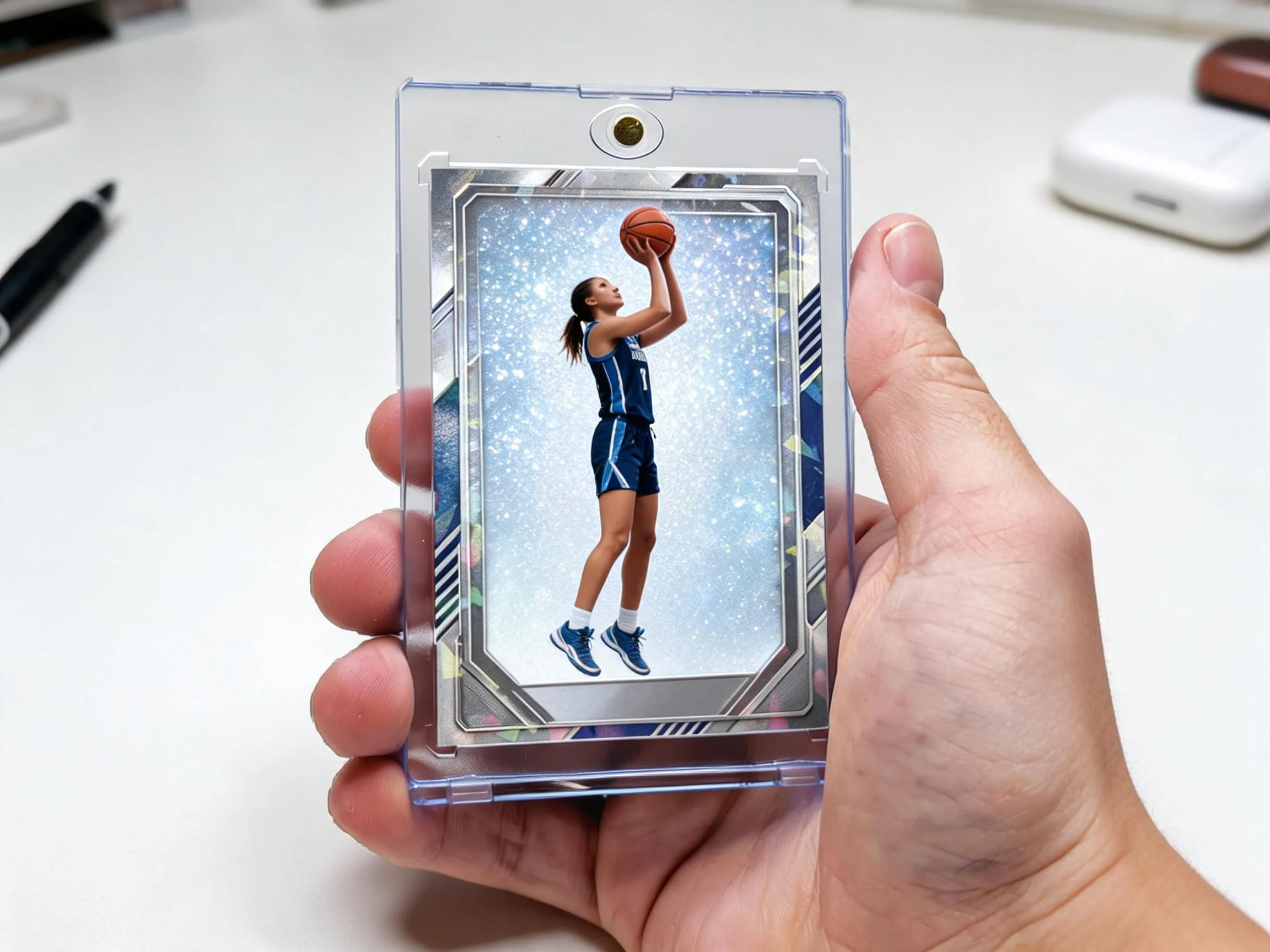 Custom keepsake trading card displayed inside a clear magnetic protective case.