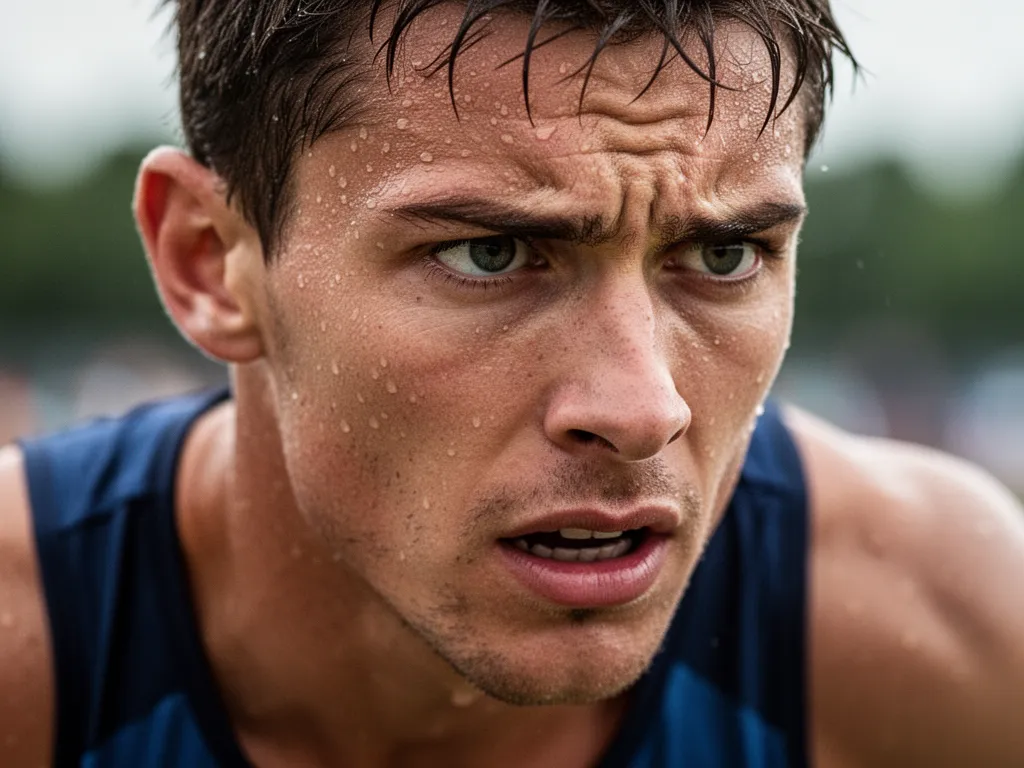 [Close-up of determined athlete's face showing intensity and concentration during competition]
