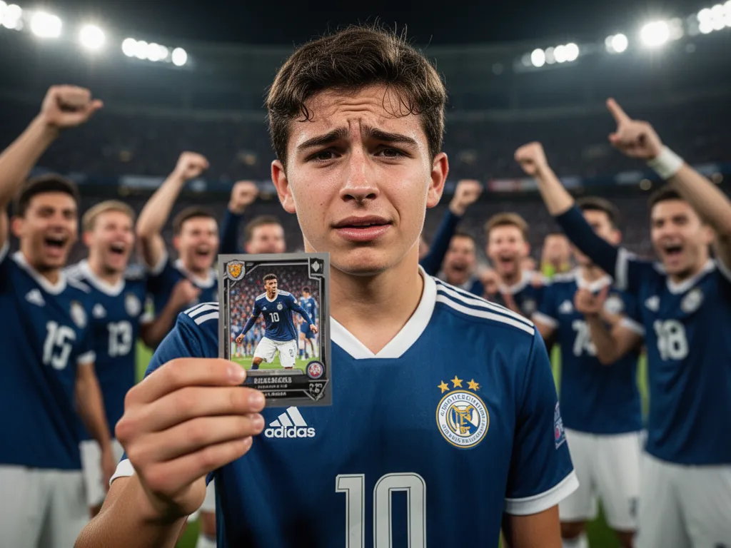 Young athlete proudly displaying handmade trading card with teammates cheering behind