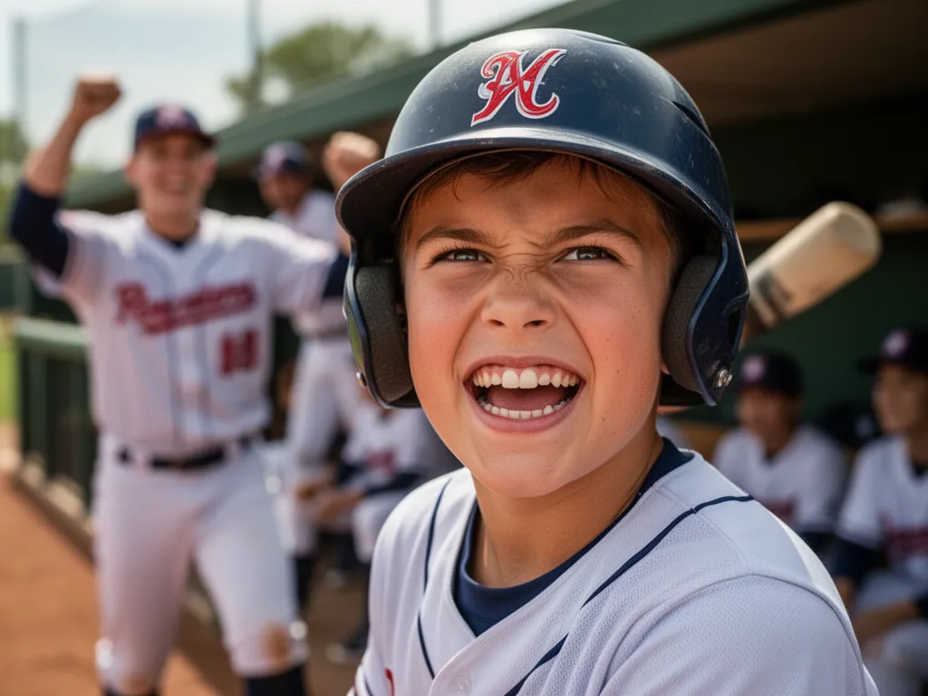 Young baseball player smiling with pride after successful hit, teammate celebrating nearby