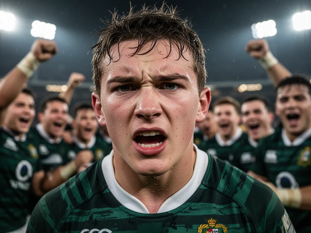 Young rugby player showing determination and emotion after scoring a try with teammates celebrating