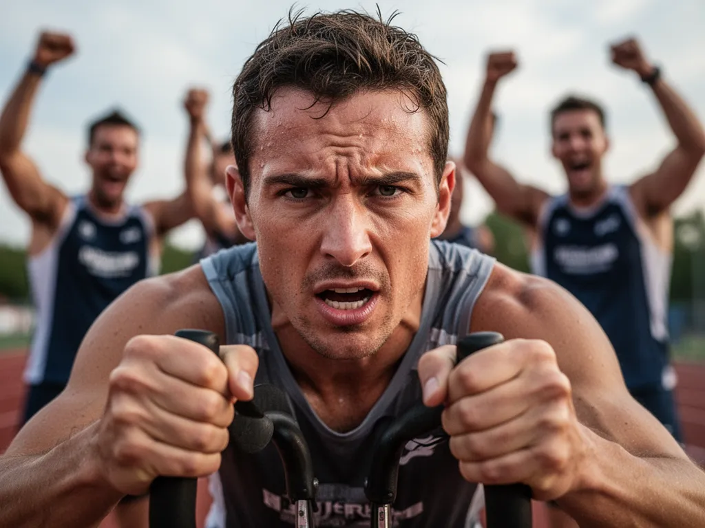 [Athlete's focused face during competition with celebrating teammates visible in blurred background]