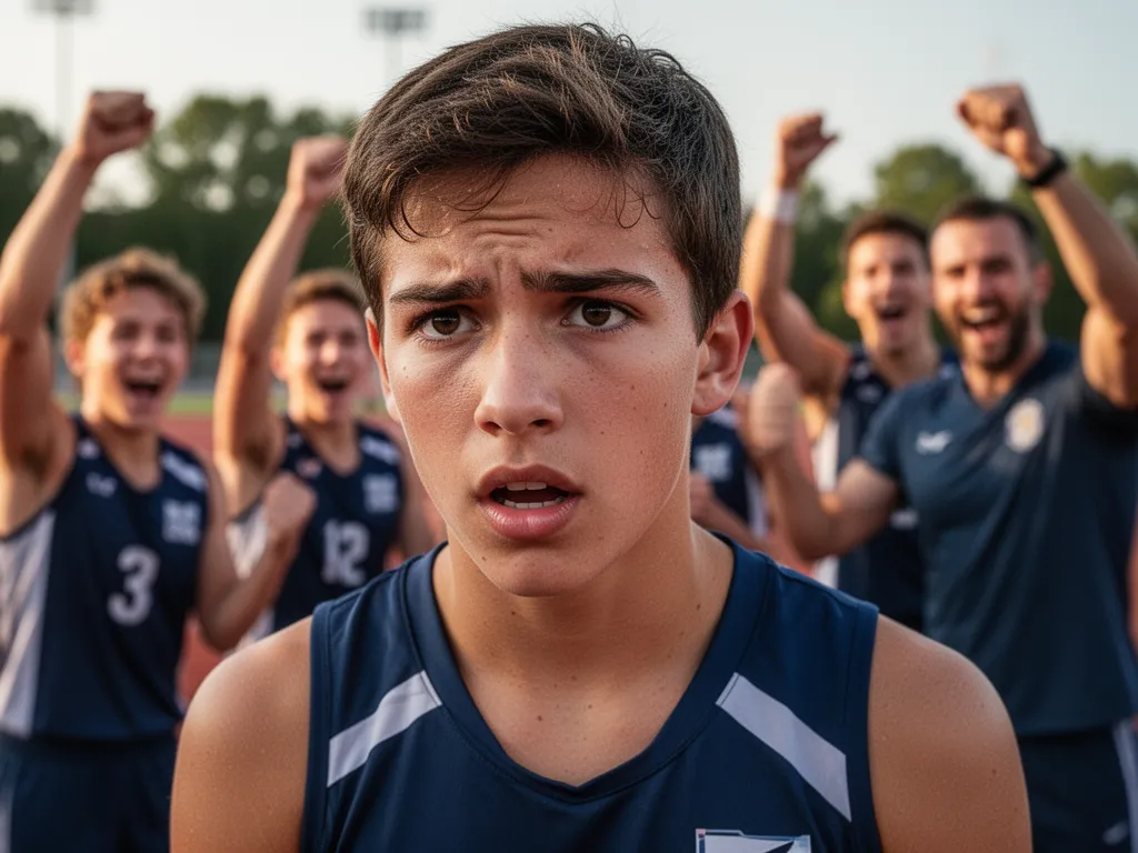 [Young athlete's concentrated face during competition with blurred teammates celebrating in the background]