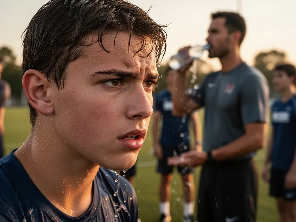 Young athlete's determined expression during training break with supportive coach and teammates nearby.