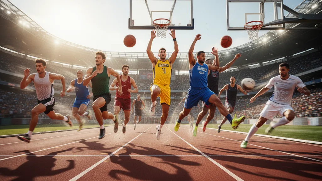 Multiple athletes from different sports competing simultaneously in dynamic outdoor action under natural lighting