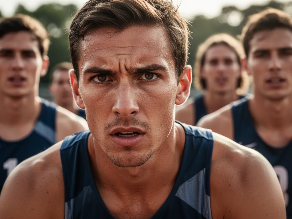 Athlete's intense focused expression during competition with supportive teammates blurred in background