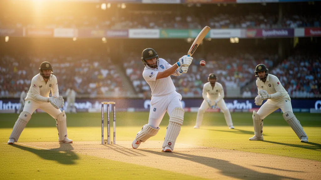 Cricket batsman striking ball during match with fielders positioned across sunlit grass pitch