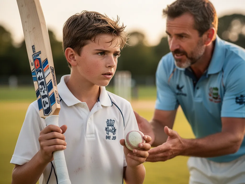 Young cricket player clutching bat and ball with coach mentoring supportively in soft-focus background