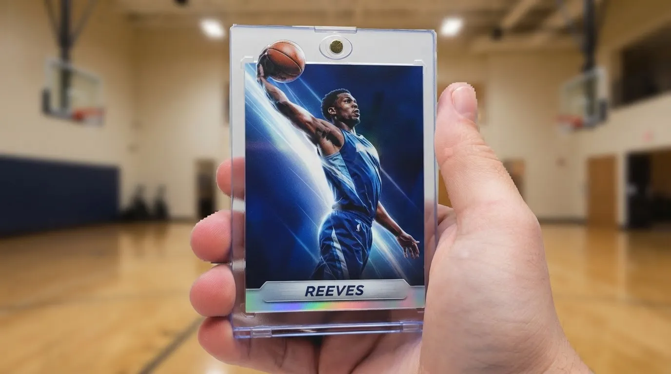 Hand holding custom 2k cards basketball trading card in clear magnetic case, chrome full-bleed design.