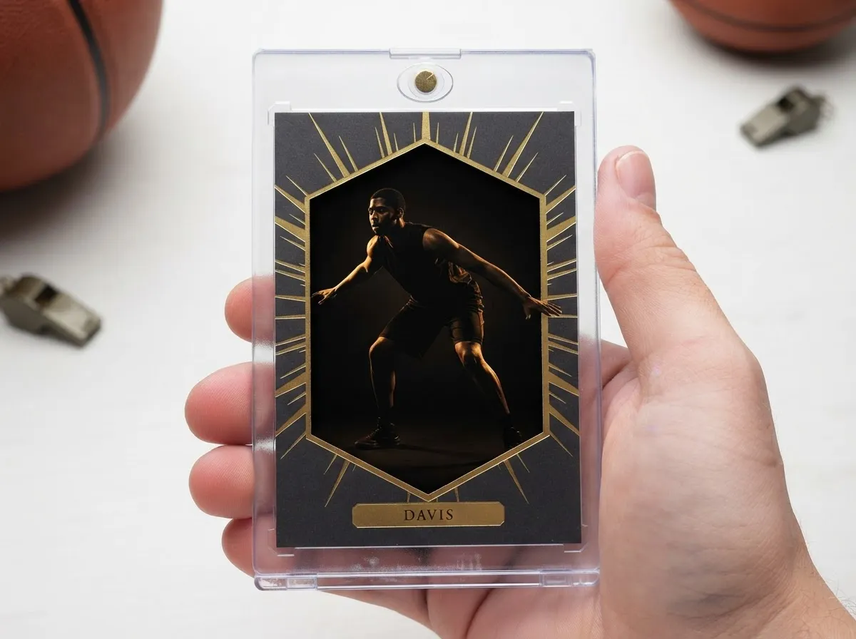 Custom basketball trading card in magnetic case with gold foil die-cut spotlight design.