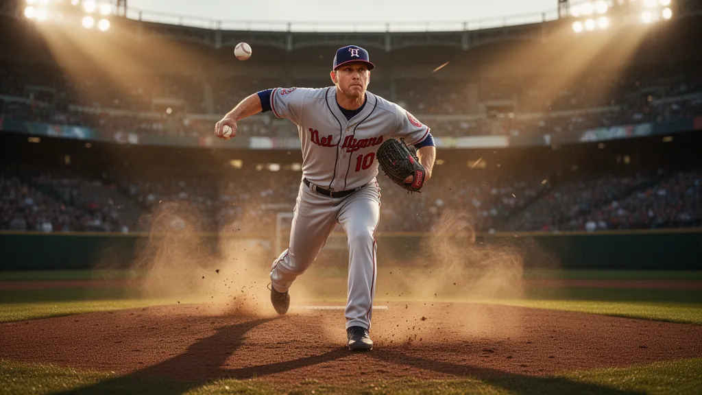 Baseball pitcher in mid-delivery during dynamic outdoor game action
