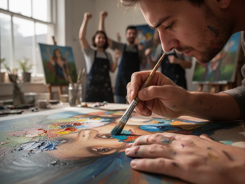 [Artist's hands painting intricate details with teammates celebrating finished custom artwork nearby]