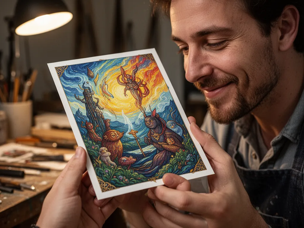 [Close-up of completed custom art card showing vibrant colors and artist examining fine artistic details proudly]