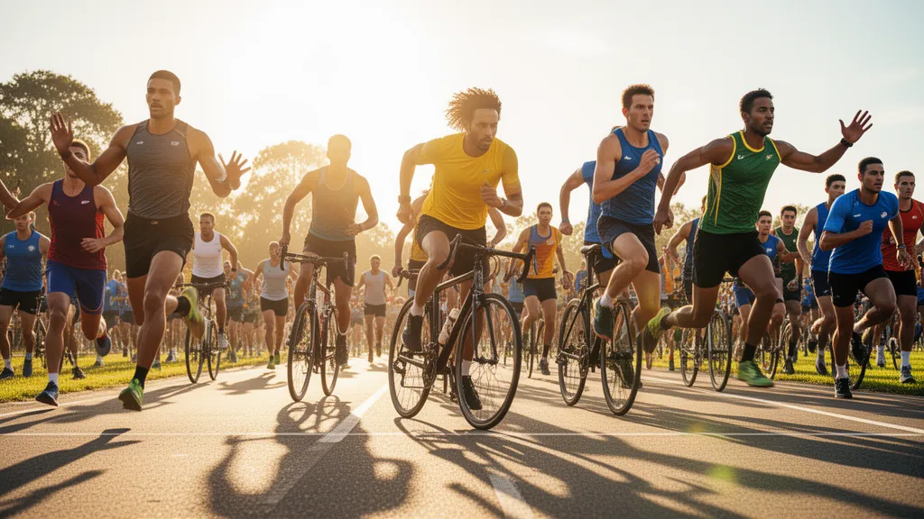 Multiple athletes competing outdoors in various sports with dynamic motion and natural lighting