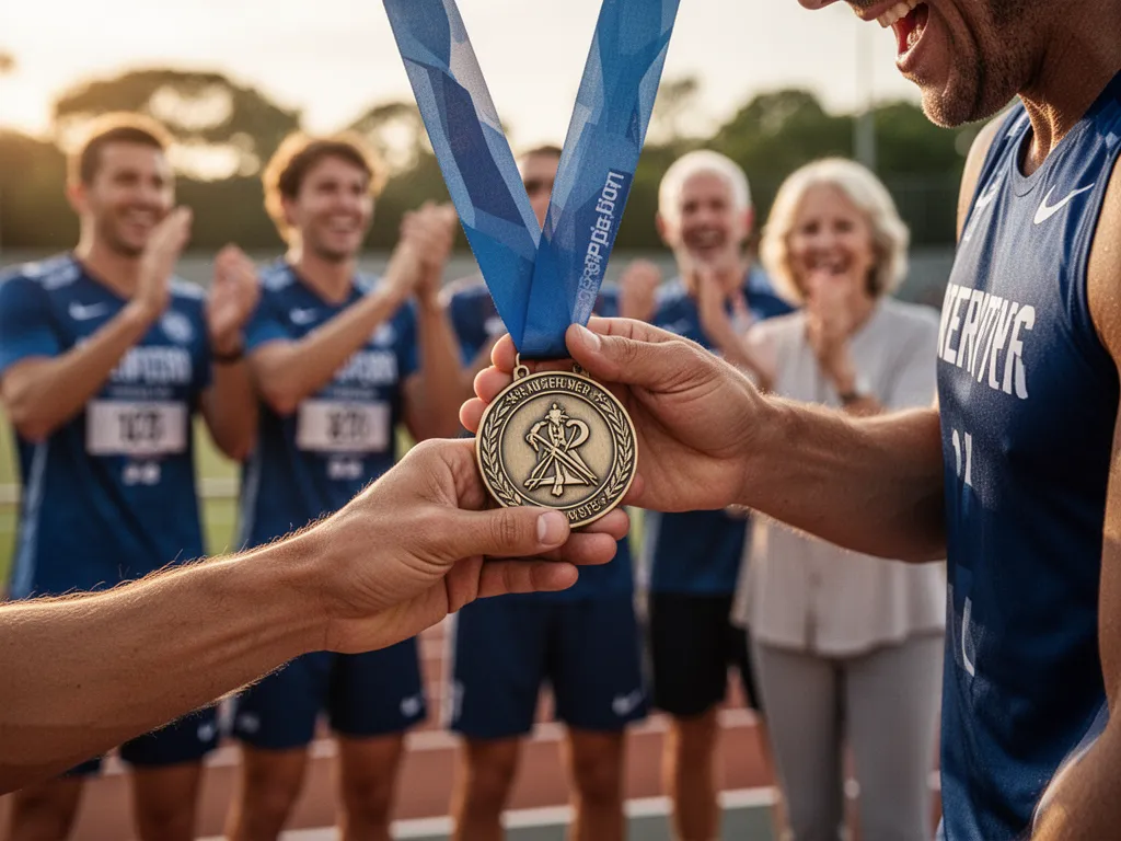 Athlete receiving custom medal with celebrating team members and family blurred in background
