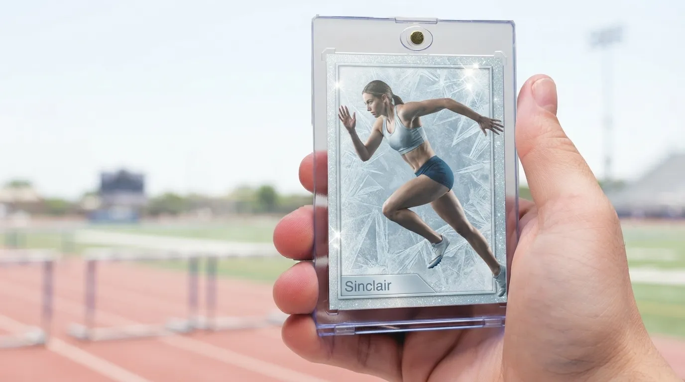 Hand holding magnetic case with icy blue custom award statues trading card, sprinter mid-stride design.