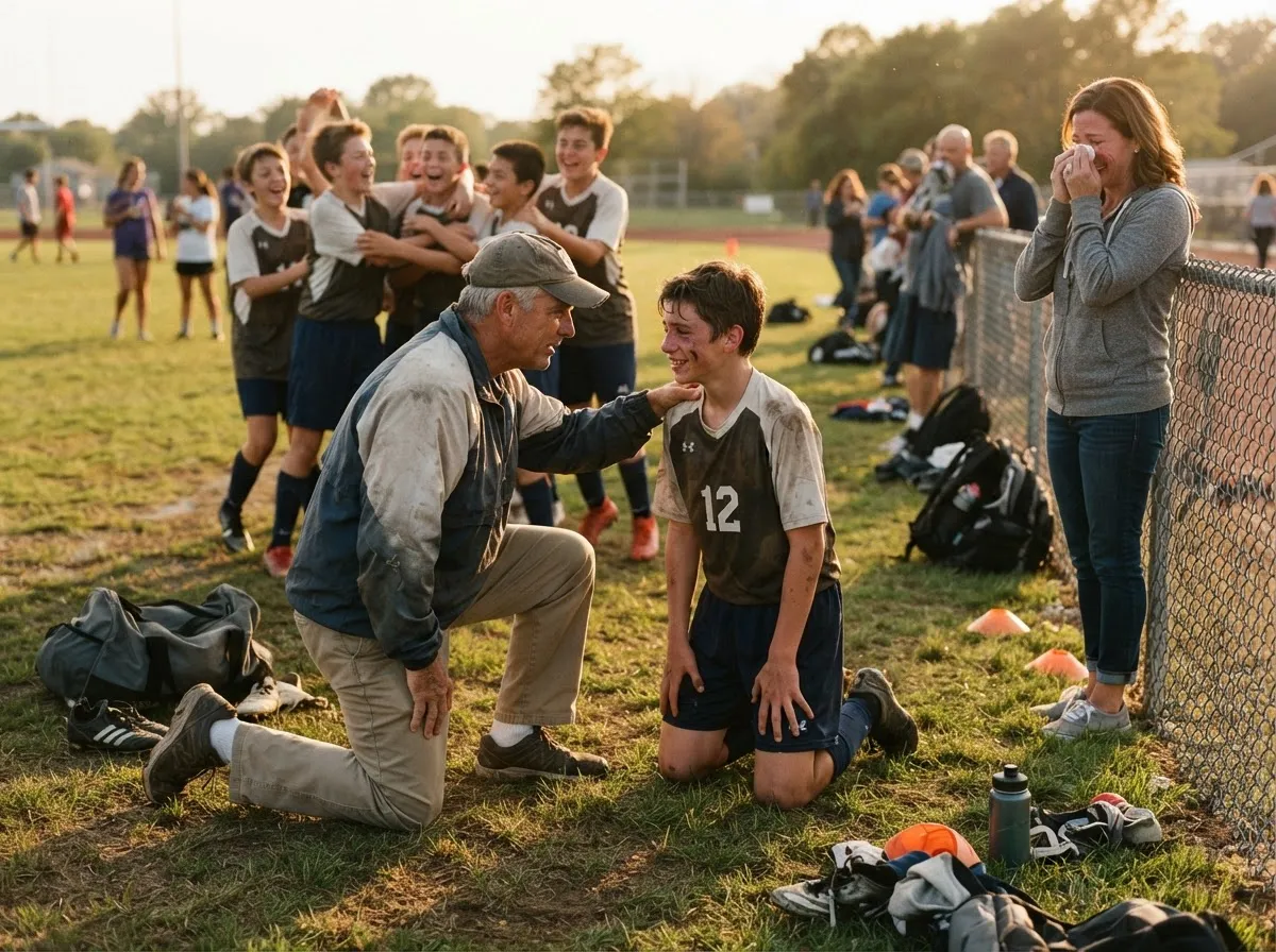 Coach embraces young athlete in emotional field-side celebration with proud parent nearby.