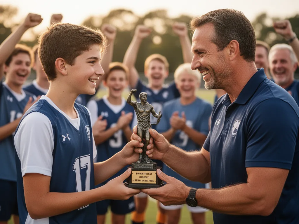 Coach presenting custom award statue to proud young athlete surrounded by celebrating family and teammates
