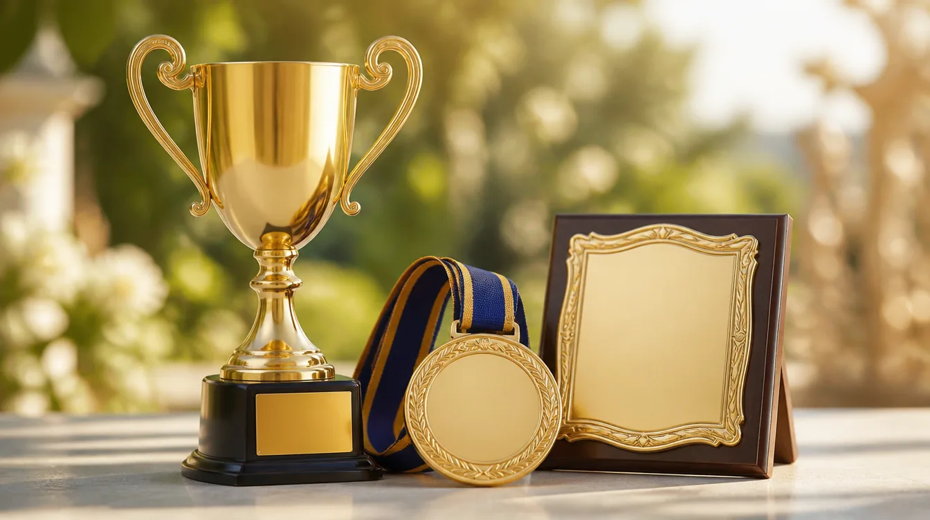Custom card in a magnetic case shown alongside trophy and medal custom awards
