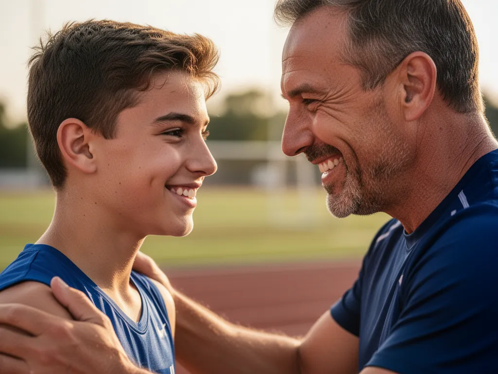 Coach and young athlete sharing a supportive moment during outdoor training session with genuine smiles