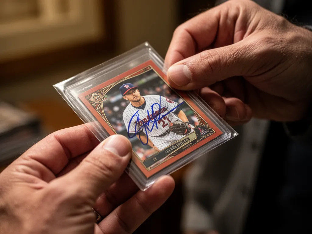 Hands placing baseball card into protective sleeve with warm indoor lighting and focused attention