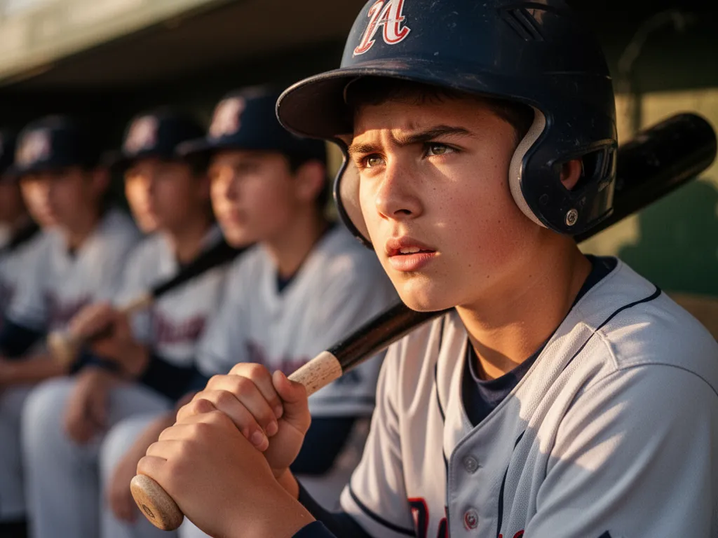 Young baseball player's concentrated face in dugout before stepping up to bat