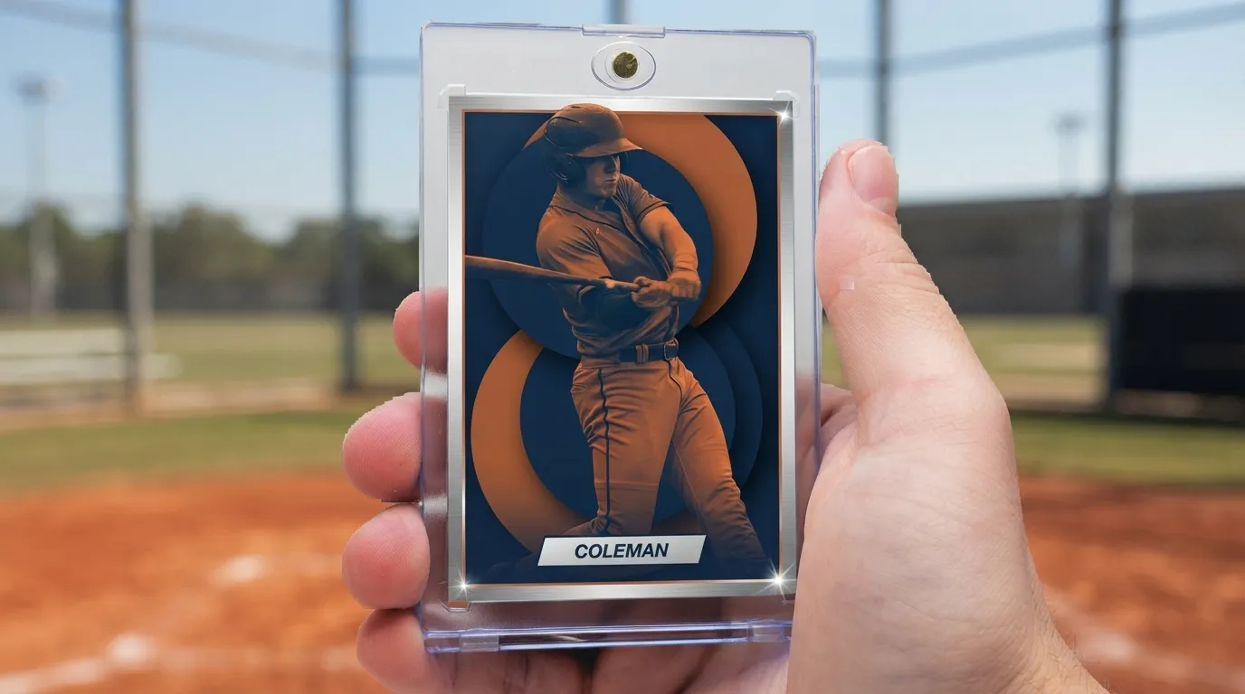 Hand holding magnetic case with custom baseball card for father's day, duotone batter design.